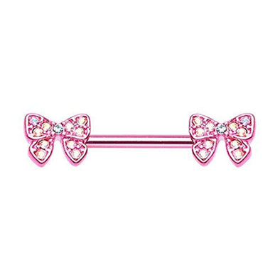 Pink Dainty Bow-Tie Sparkle WildKlass Nipple Barbell Ring-WildKlass Jewelry