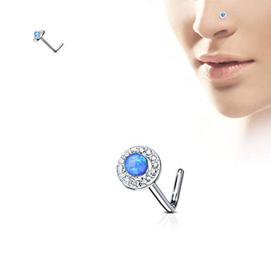 WildKlass Dome Opal Center CZ Paved Circle 316L Surgical Steel L Bend Nose Stud Rings-WildKlass Jewelry