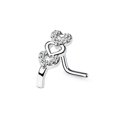 WildKlass CZ Paved Triple Heart Nose Crawlers 316L Surgical Steel L Bend Nose Stud Rings-WildKlass Jewelry