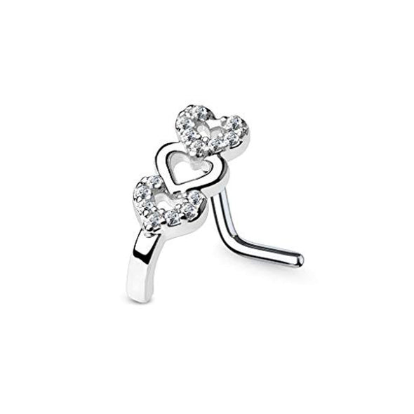 WildKlass CZ Paved Triple Heart Nose Crawlers 316L Surgical Steel L Bend Nose Stud Rings-WildKlass Jewelry