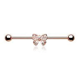 Rose Gold Dainty Bow-Tie Sparkle WildKlass Industrial Barbell-WildKlass Jewelry