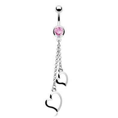 Two Heart Chain Dangle with 316L Surgical Steel CZ Belly WildKlass Ring (Sold by Piece)-WildKlass Jewelry