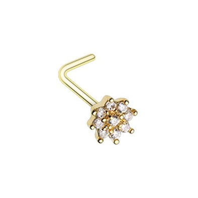 Golden Gleaming CZ Flower L-Shape WildKlass Nose Ring (Clear)-WildKlass Jewelry