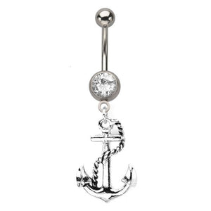 Press Fit Clear Gem WildKlass Navel Barbell with a Nautical Anchor Dangle Charm 14g 7/16"-WildKlass Jewelry