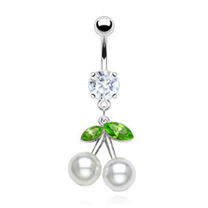Marquise Cut CZ and Pearl Cherry Dangle 316L Surgical Steel WildKlass Belly Button Rings (Sold by Piece)-WildKlass Jewelry