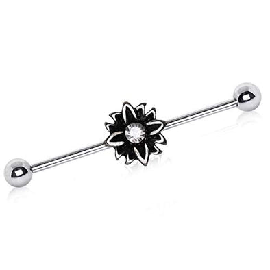 316L Stainless Steel Black Flower WildKlass Industrial Barbell-WildKlass Jewelry