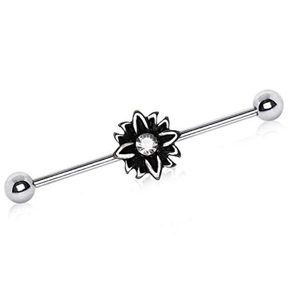 316L Stainless Steel Black Flower WildKlass Industrial Barbell-WildKlass Jewelry