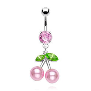 Marquise Cut CZ and Pearl Cherry Dangle 316L Surgical Steel WildKlass Belly Button Rings (Sold by Piece)-WildKlass Jewelry
