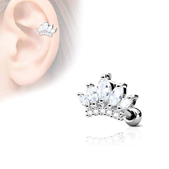 CZ Paved Tiara Top 316L Surgical Steel WildKlass Ear Cartilage Barbell Studs-WildKlass Jewelry