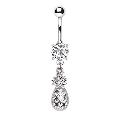 WildKlass 316L Stainless Steel Prong Set CZ Navel Ring with Pineapple Dangle-WildKlass Jewelry