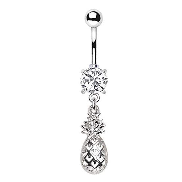WildKlass 316L Stainless Steel Prong Set CZ Navel Ring with Pineapple Dangle-WildKlass Jewelry