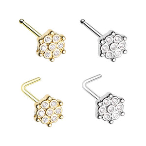 Silver & Gold Lavish Flower CZ L-Shape Nose Ring-WildKlass Jewelry