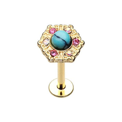 Golden Ornate Turquoise Center Top Steel WildKlass Labret-WildKlass Jewelry