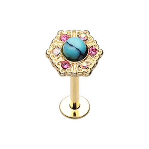 Golden Ornate Turquoise Center Top Steel WildKlass Labret-WildKlass Jewelry