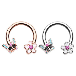 Rose Gold & Silver Spring Butterfly Flower Horseshoe Circular Barbell-WildKlass Jewelry