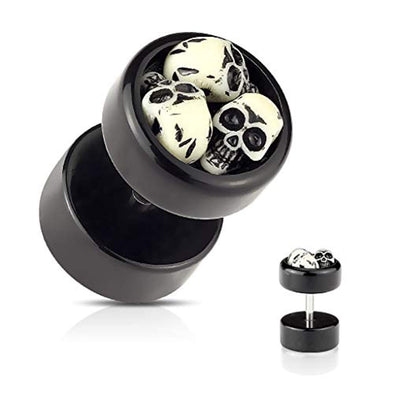 Three Embedded Skulls Black Acrylic Fake WildKlass Plug-WildKlass Jewelry