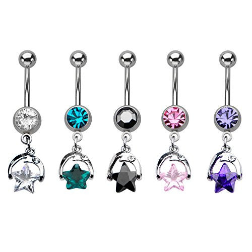 WildKlass Half Moon Holding Star Gem Dangle Charm Belly Ring-WildKlass Jewelry
