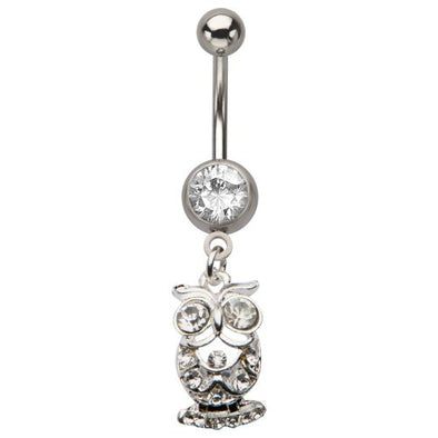 WildKlass Press Fit Gem Belly Rings with Dangle Gem Owl 14g-WildKlass Jewelry