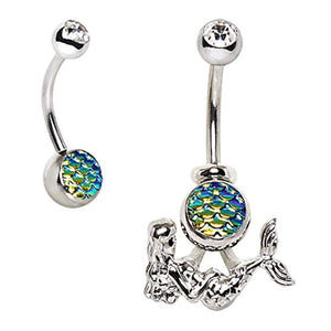 316L Stainless Steel 2-in-1 Fish Scale Cabochon WildKlass Mermaid Navel Ring-WildKlass Jewelry