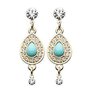 Golden CZ Dangle Avice Turquoise Multi-Gem WildKlass Ear Stud Earrings-WildKlass Jewelry