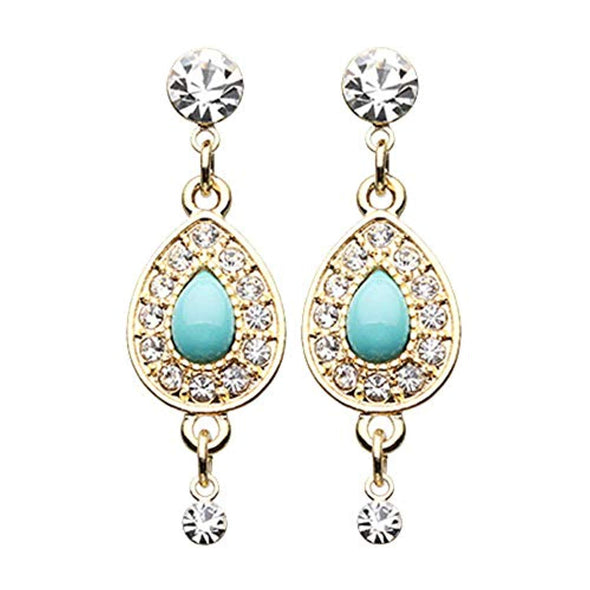 Golden CZ Dangle Avice Turquoise Multi-Gem WildKlass Ear Stud Earrings-WildKlass Jewelry