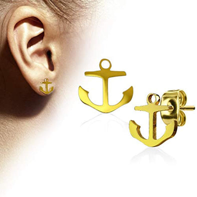 WildKlass Pair of Hand Polished Anchor 316L Stainless Steel Earring Studs-WildKlass Jewelry