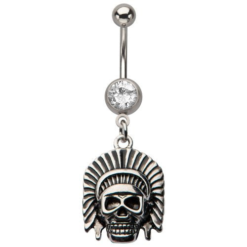 WildKlass Chief skull dangle gem Belly Rings 14g-WildKlass Jewelry