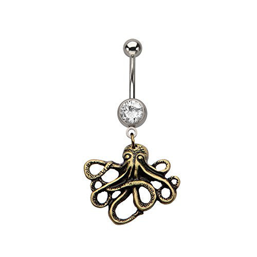 WildKlass Navel with Bronze Octopus Dangle Charm 14g 7/16's-WildKlass Jewelry