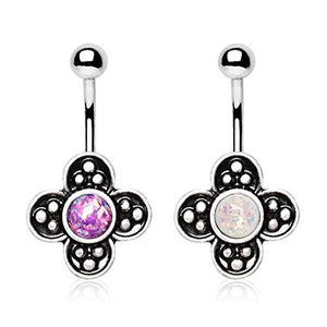 316L Stainless Steel Medieval Style Flower WildKlass Navel Ring with Synthetic Opal-WildKlass Jewelry
