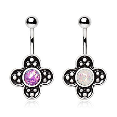 316L Stainless Steel Medieval Style Flower WildKlass Navel Ring with Synthetic Opal-WildKlass Jewelry