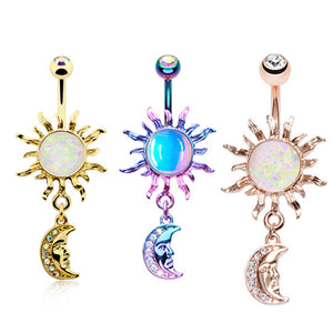 Rose Gold & Gold & Candy Opal Celestial Sun Moon Belly Button Ring-WildKlass Jewelry