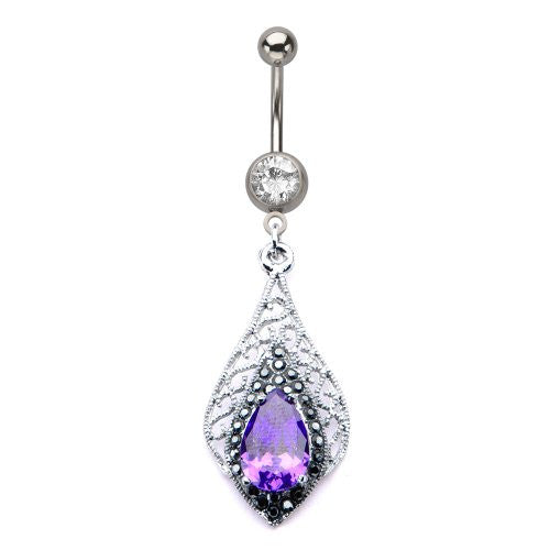 WildKlass Victorian Style Ameythest Stone Dangle Charm Belly Ring (14g 7/16")-WildKlass Jewelry