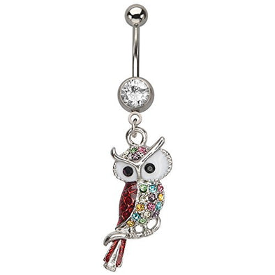 WildKlass Navel with Multi Gem Owl Dangle Charm (14g 7/16")-WildKlass Jewelry