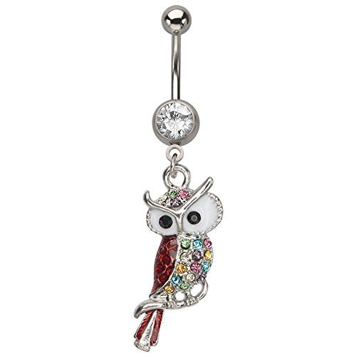WildKlass Navel with Multi Gem Owl Dangle Charm (14g 7/16")-WildKlass Jewelry