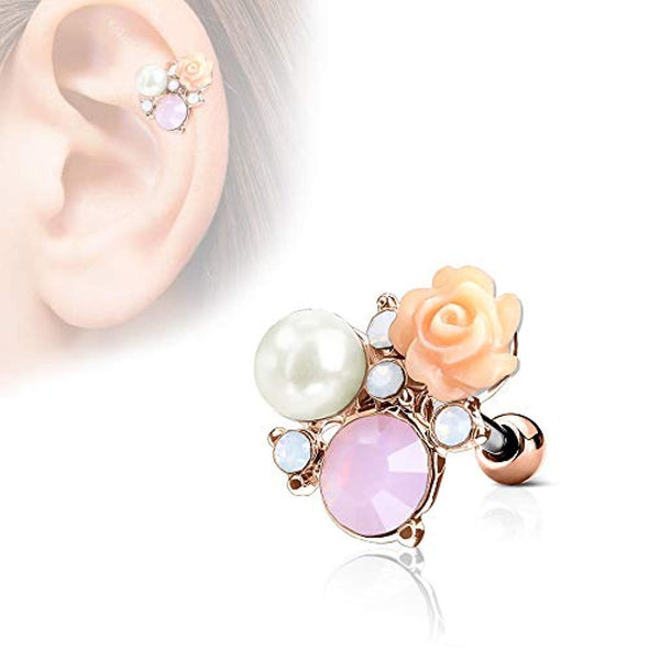 WildKlass Flower, Opalite Stones and Pearl Cluster Top 316L Surgical Steel Ear Cartilage Barbell Studs-WildKlass Jewelry