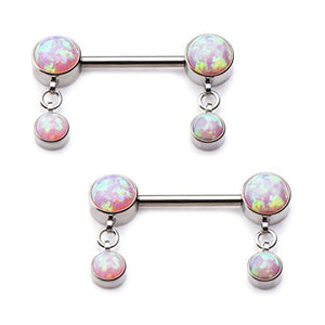WildKlass Nipple Barbells with Forward Facing Bezel Set Synthetic Pink Opals Dangle-WildKlass Jewelry
