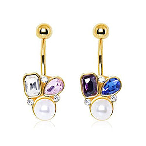 Gold Plated Art of Brilliance Gem and Imitation Pearl Drop Navel Ring-WildKlass Jewelry