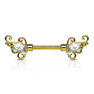 CZ Set Floral Filigree Ends 316L Surgical Steel WildKlass Nipple Barbell-WildKlass Jewelry
