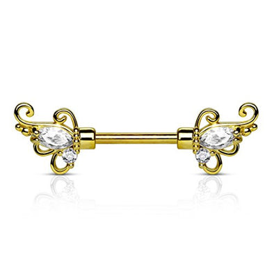 CZ Set Floral Filigree Ends 316L Surgical Steel WildKlass Nipple Barbell-WildKlass Jewelry