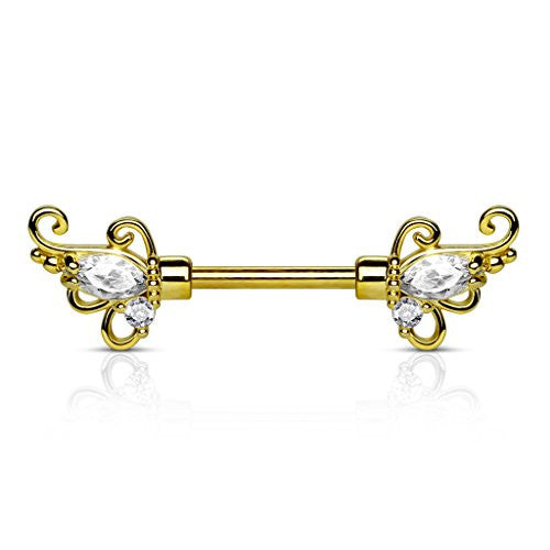 CZ Set Floral Filigree Ends 316L Surgical Steel WildKlass Nipple Barbell-WildKlass Jewelry