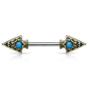 Turquoise set Tribal Spear on Both sides 316L surgical Steel WildKlass Nipple Barbells-WildKlass Jewelry