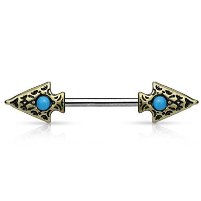 Turquoise set Tribal Spear on Both sides 316L surgical Steel WildKlass Nipple Barbells-WildKlass Jewelry