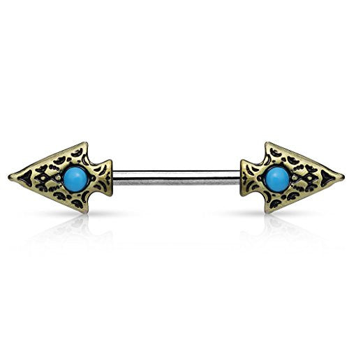 Turquoise set Tribal Spear on Both sides 316L surgical Steel WildKlass Nipple Barbells-WildKlass Jewelry