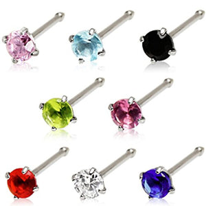 316L Surgical Steel Bone Nose Ring with Prong Set Gem (Sold Individually)-WildKlass Jewelry