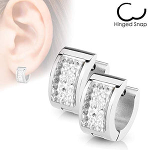 WildKlass Pair of Square Crystal Set Stainless Steel Hoop/Huggie Earrings-WildKlass Jewelry