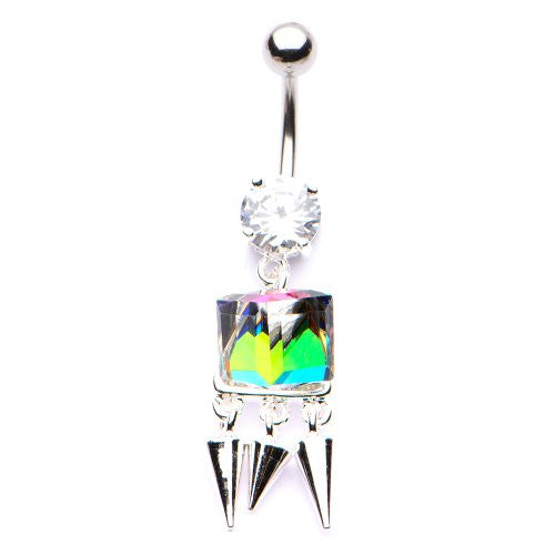 WildKlass Square Vitrail Gem Dangle Charm Belly Ring (14g 7/16")-WildKlass Jewelry