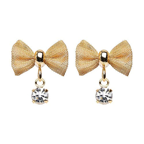 Golden Dainty Mesh Bow Gem Dangle Ear Stud WildKlass Earrings-WildKlass Jewelry