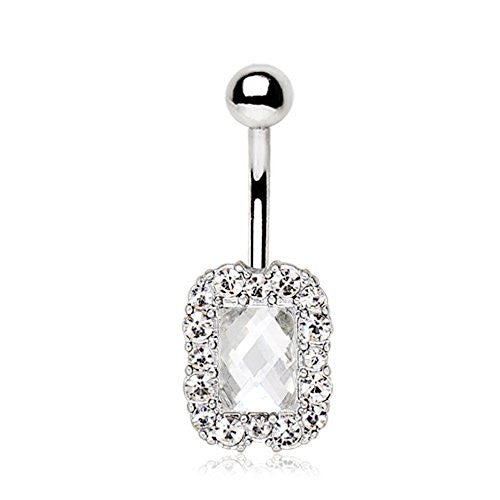 316L Stainless Steel Rectangle Checkerboard Cut CZ WildKlass Navel Ring-WildKlass Jewelry