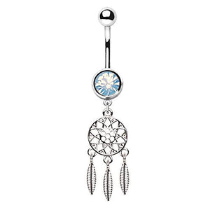 316L Stainless Steel Dangle WildKlass Navel Ring with Silver Plated Dream Catcher-WildKlass Jewelry