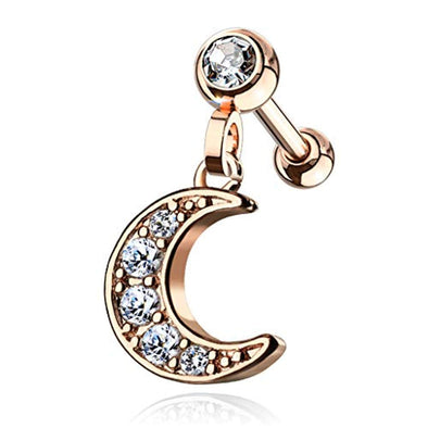 CZ Paved Crescent Dangle Jeweled Set Ball 316L Surgical Steel WildKlass Ear Cartilage/Tragus Barbell Studs-WildKlass Jewelry